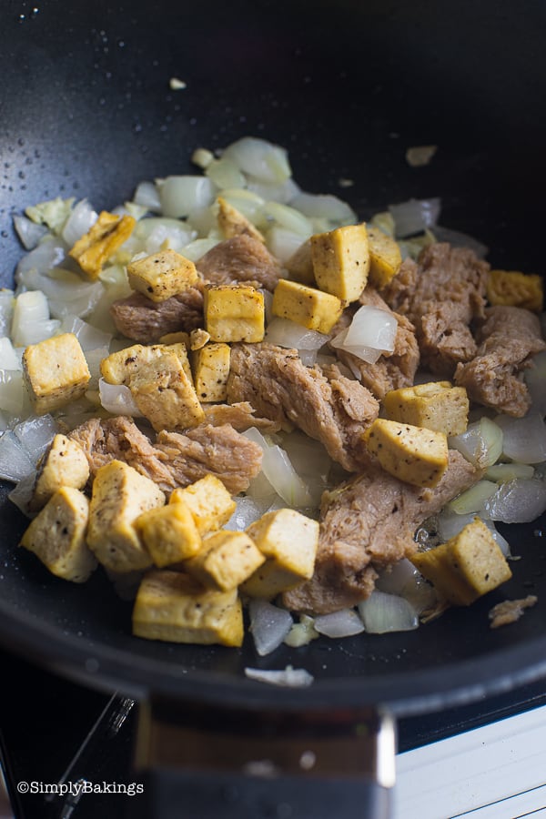 sauteed tofu, seitan, garlic and onions for vegan kare kare recipe