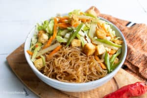 pancit bihon with fried tofu and vegetables