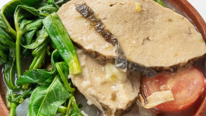 best and delicious vegan Filipino sinigang served in a wooden bowl