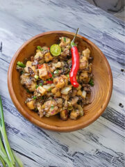 delicious and healthy tofu sisig in a wooden bowl