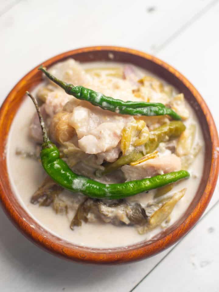 vegetarian ginataang gabi in a brown bowl