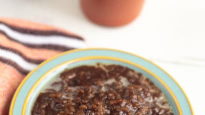 filipino vegan champorado on white bowl
