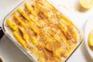 delicious mango float in a rectangular glass container