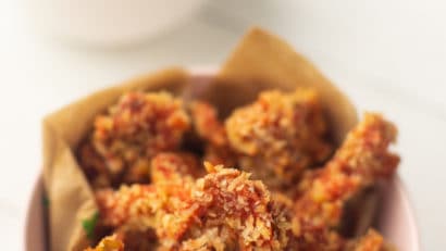 2 Mushroom Chicharon in a bowl on a white table
