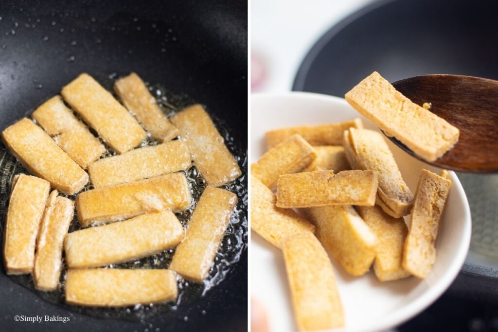 Frying the sliced up tofu and putting them on a plate