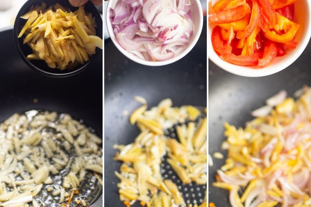 Ginger, onion, and carrot added to the pan