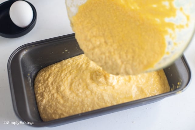 pouring the cassava cake batter to the baking pan