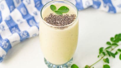 a glass of moringa smoothie with chia seeds toppings