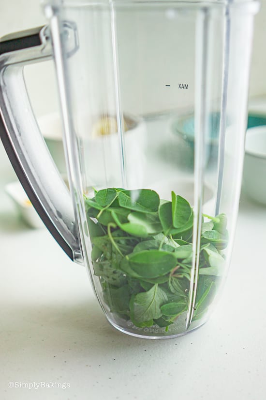 amaranth and moringa leaves in a blender for tropical green smoothie