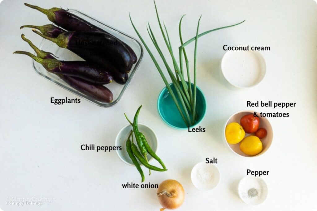 All ingredients for Ginataang Inihaw na Talong in bowls