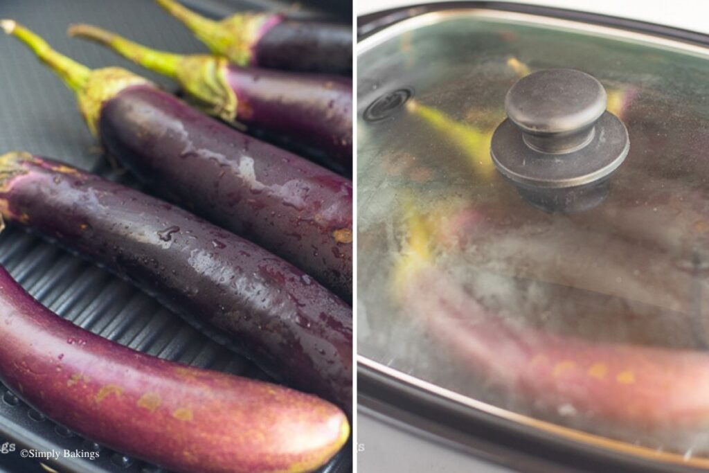 Eggplants cooking in a pan with the lid on
