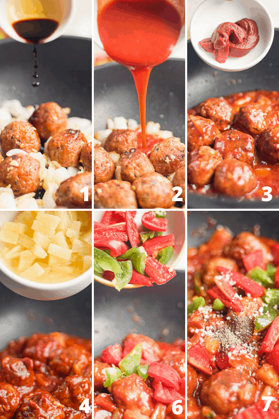 collage of soy sauce, tomato sauce, pineapple sauce, green & red bell peppers in a frying pan