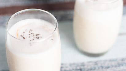 two glasses of coconut smoothie with chia