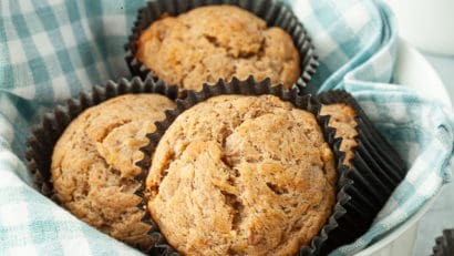 delicious and freshly baked vegan banana chocolate muffins on a bowl