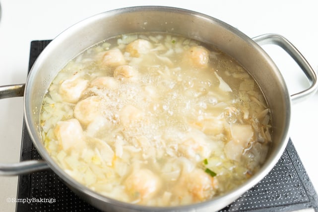 boiling pancit molo soup in a pan
