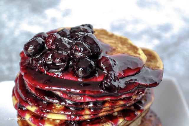delicious stack of keto blueberry pancakes with blueberries