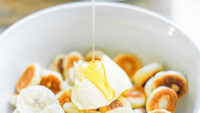 TikTok pancake cereal with butter and agave nectar on top
