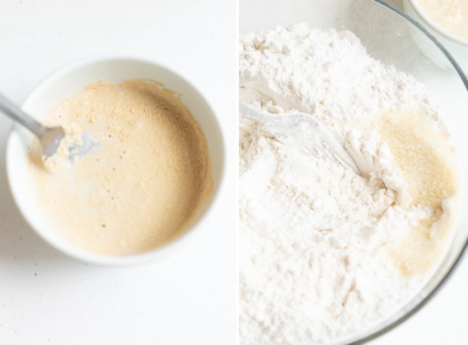 a mixture of soy milk, yeast, and sugar in a small white bowl, and a mixture of add flour, baking powder, sugar in a transparent glass mixing bowl