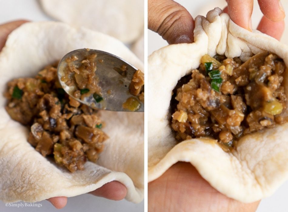 placed the meat filling in the center using a tablespoon then gathered the edges of the dough around the filling: