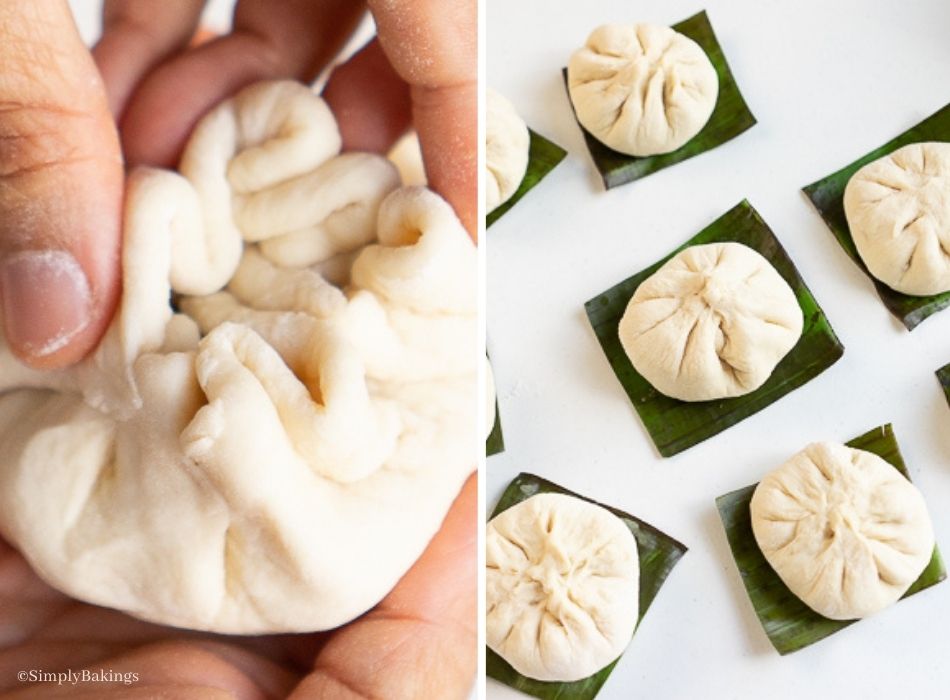 Gently twisted the edges of the dough to fully secure the filling Then, placed the buns on the square-cut banana leaves