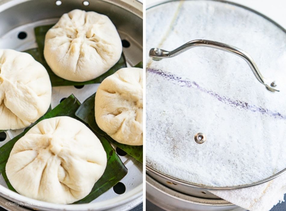 Placed the siopao in a steamer basket and covered with a towel and lid