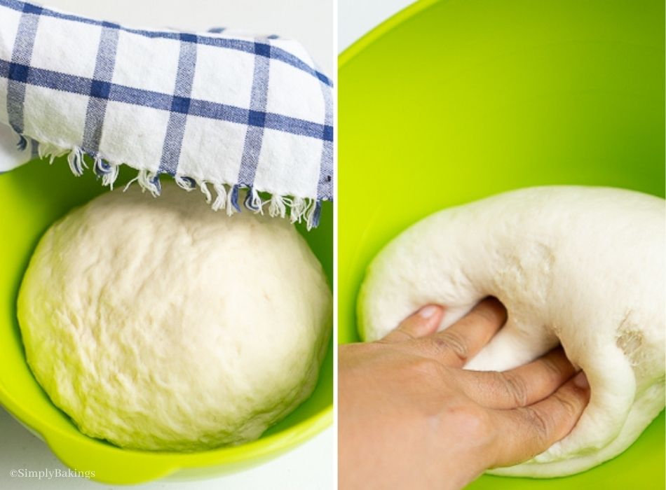 Covering the dough with a damp towel to rest for an hour, and punching and kneading it letting it afterwards