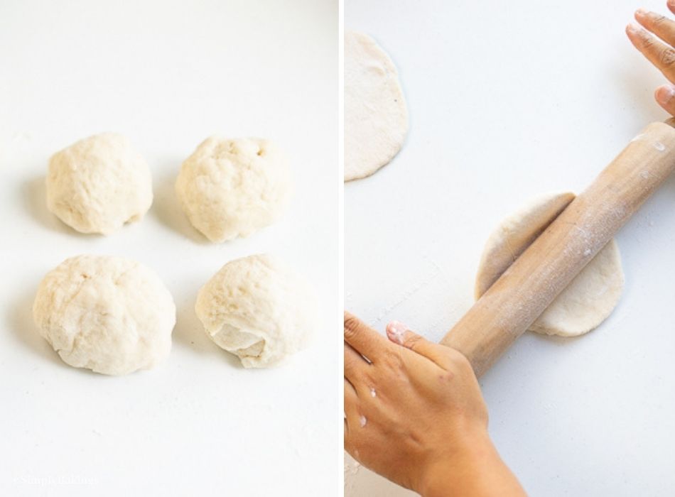 flattening the dough balls on a clean surface using a rolling pin until the dough forms a circle