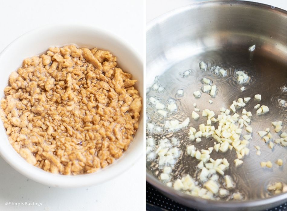 TVP soaked in water in a white bowl and sautéed onions and garlic in  a frying pan