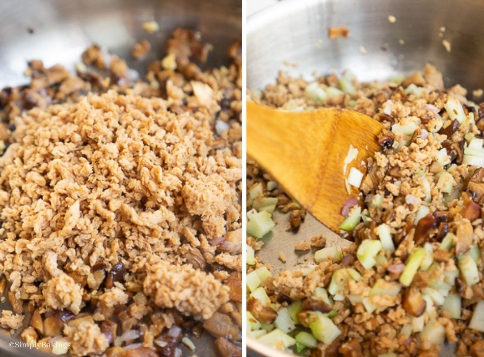 sautéed diced shitake mushrooms, TVP, and chayote in the pan