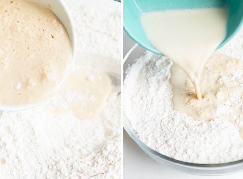 Added the yeast mixture and the remaining soy milk into the mixing bowl