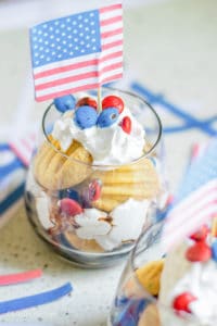 Patriotic Vegan Shortbread Trifle in a glass with American flag