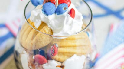 Patriotic Vegan Shortbread Trifle in a glass with American flag