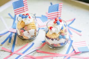 delicious Patriotic Vegan Shortbread Trifle in a glass with American flag