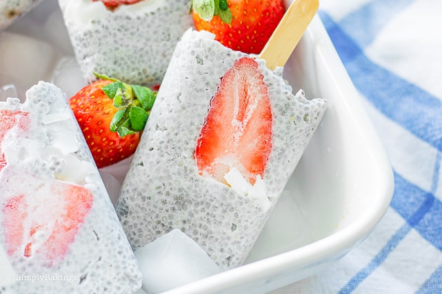 delicious coconut chia popsicles with strawberry slices