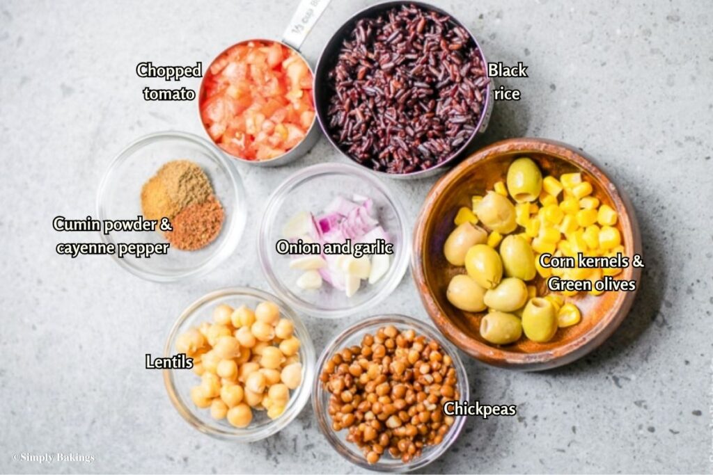All ingredients for Black Rice Burittos in bowls