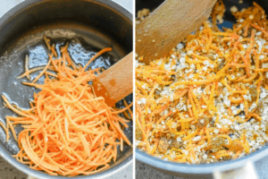 carrot cake oats cooking in a sauce pan