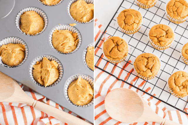 pumpkin spice cupcakes in a muffin tin and a cooling rack
