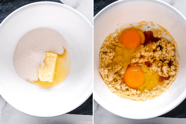 1 white bowl filled with sugar and butter, and another bowl filled with creamed sugar and eggs