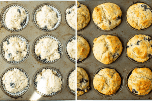 blueberry lemon poppy seed muffins in a muffin tin