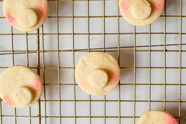 two round sugar cookies on a cookie rack cooling
