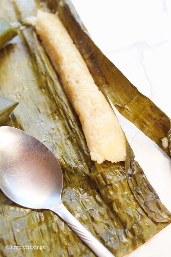 unwrapped suman malagkit with a stainless spoon
