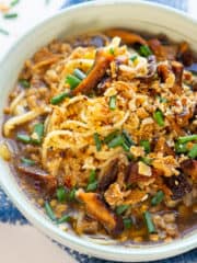 vegan batchoy in a white bowl