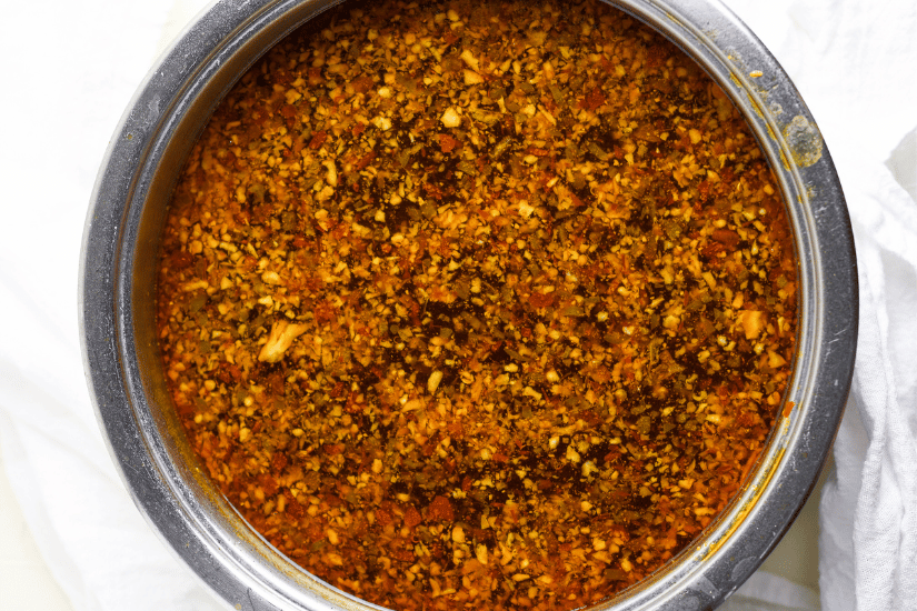 vegetable broth, spices and sauces cooked in a pot