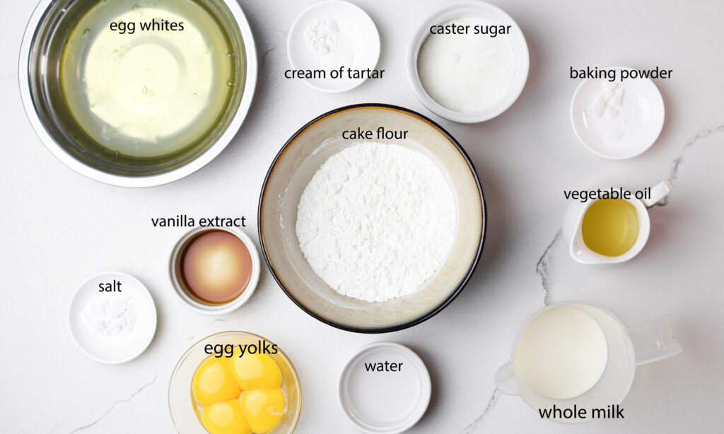 All ingredients of Japanese Soufflé Pancakes in bowls