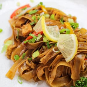Malaysian Stir Fried Noodles garnished with thinly sliced lemon and green onions