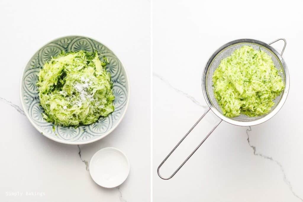 grated zucchini and salt mixture in a large bowl then poured in a strainer