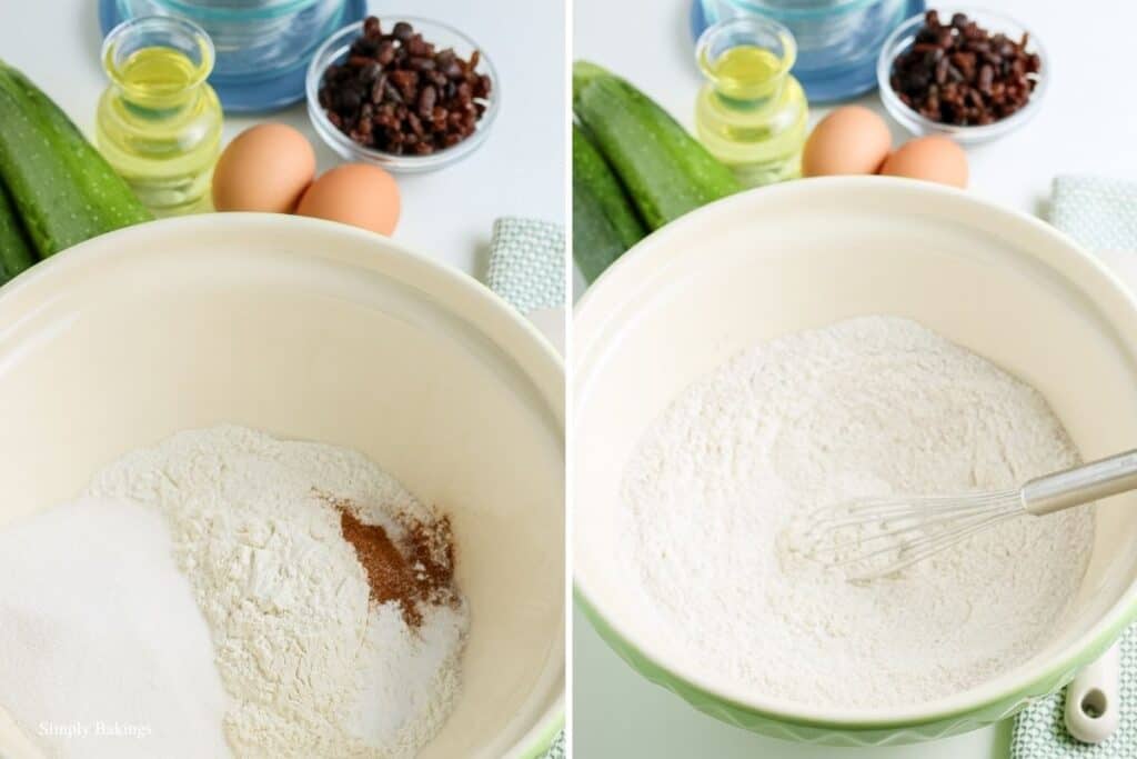 flour, sugar, baking powder, baking soda, salt and cinnamon mixture in a large bowl with a whisk