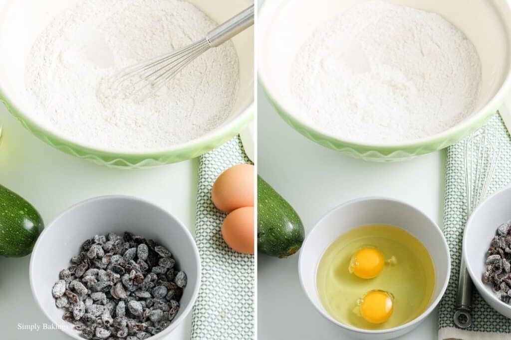 raisins sprinkled with flour mixture in a small bowl, and eggs with oil mixture in another small-sized bowl beside a large bowl with the dry ingredients