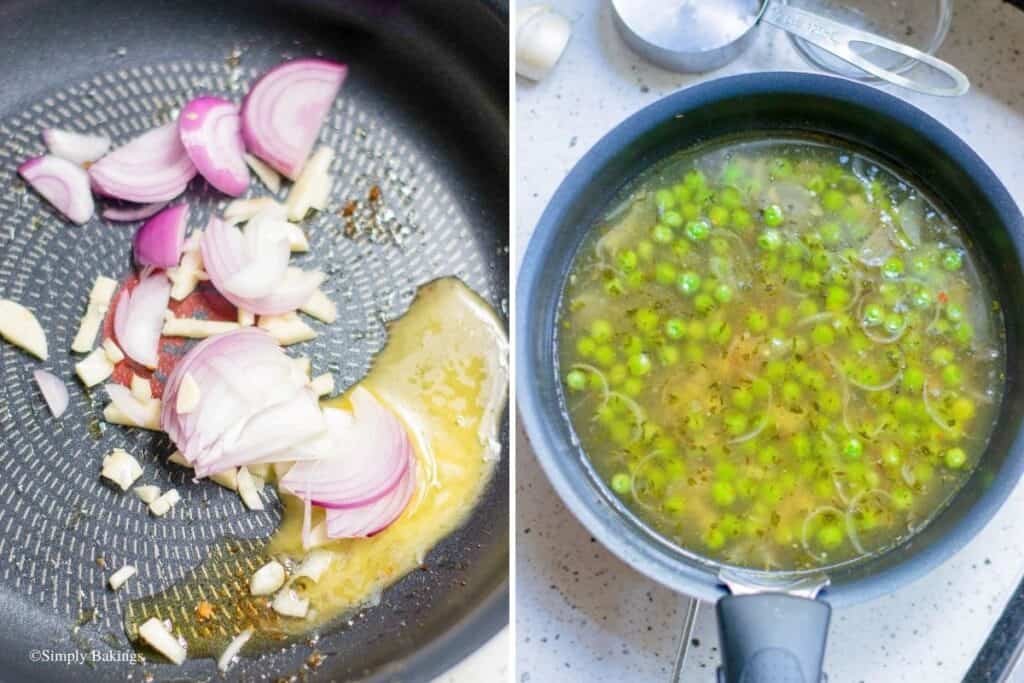 sautéed onions and garlic in a pan then added with vegetable broth, peas, herbs and cornstarch mixture for the gravy