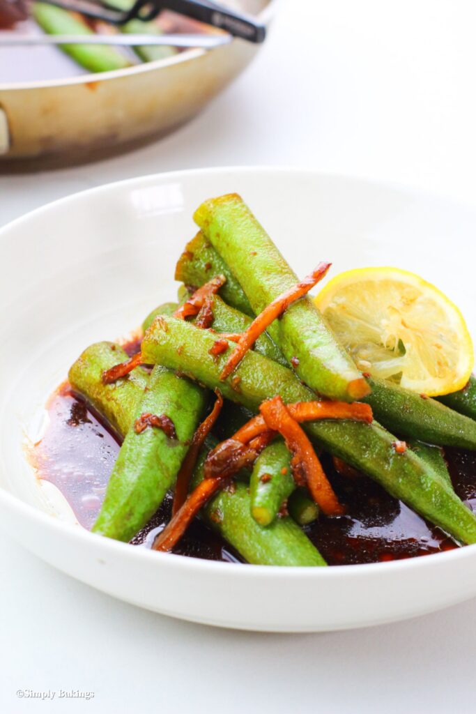 A small white bowl of Pinoy Okra recipe